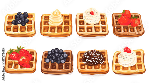 Waffle with whipped cream set of waffles with fruit, syrup, honey and ice cream on a white background