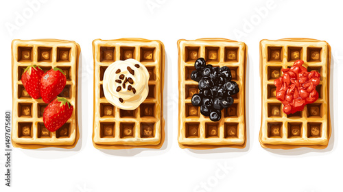 Waffle with whipped cream set of waffles with fruit, syrup, honey and ice cream on a white background