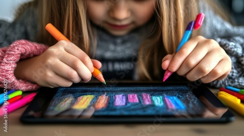 Close-up of girl drawing colorful lines on tablet.