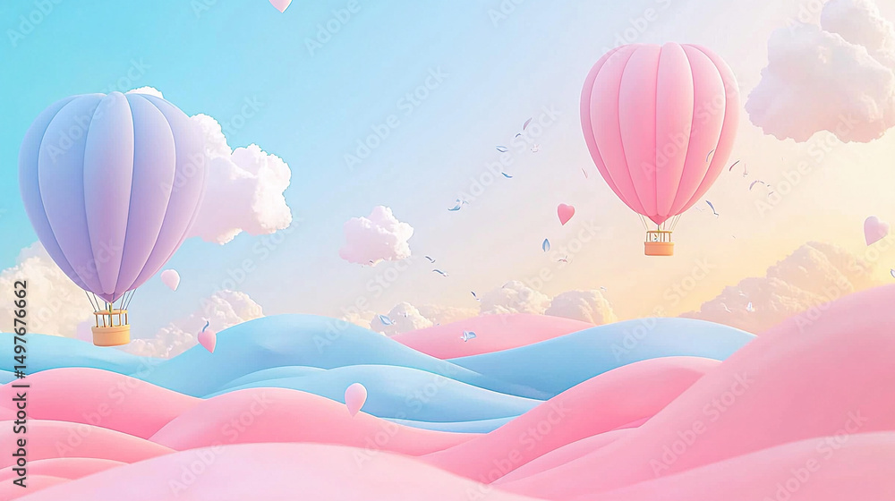 Obraz premium Cute cartoon vector background featuring pastel pink sky with clouds and hot air balloons, flat ocean waves below, in minimalistic style with high detail and no shadows or text.