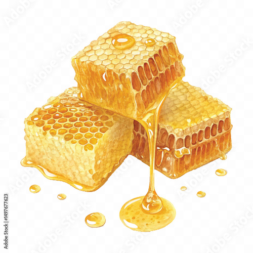 realistic smooth glossy honeycombs with liquid honey drops isolated on transparent background