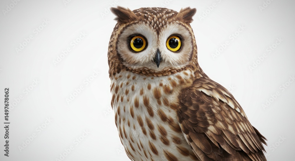 Naklejka premium Owl portrait on white background with brown and white feathers looking forward.
