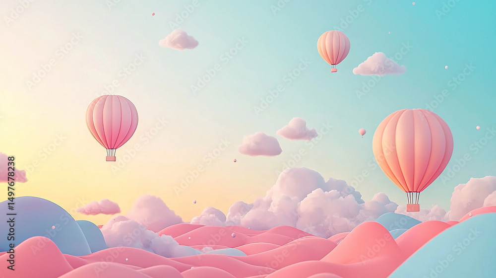 Obraz premium Cute cartoon vector background featuring pastel pink sky with clouds and hot air balloons, flat ocean waves below, in minimalistic style with high detail and no shadows or text.