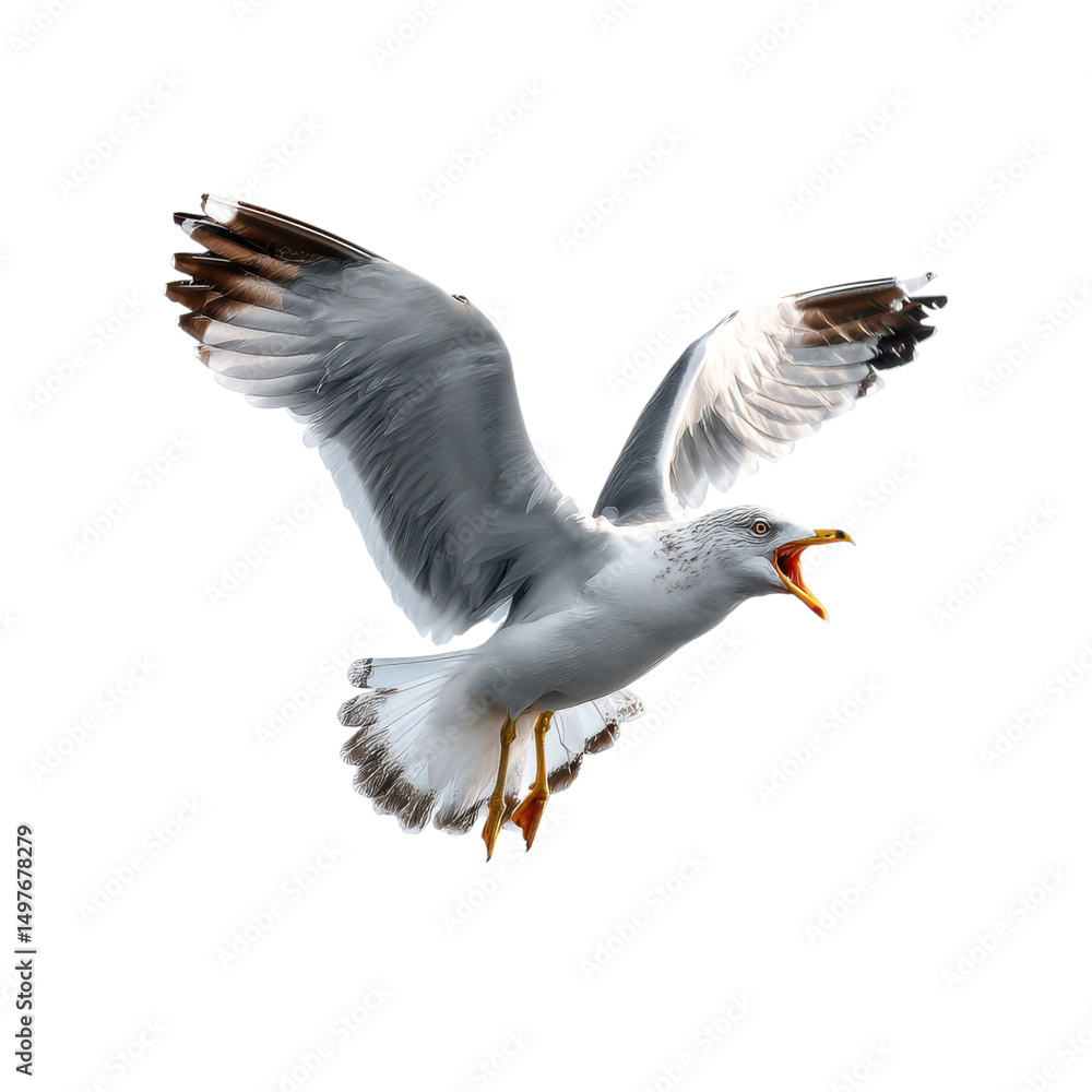 Obraz premium Seagull in flight with open beak isolated on white background