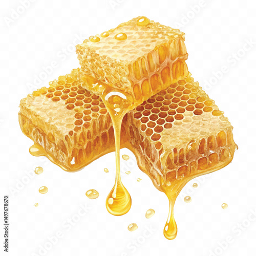 realistic smooth glossy honeycombs with liquid honey drops isolated on transparent background