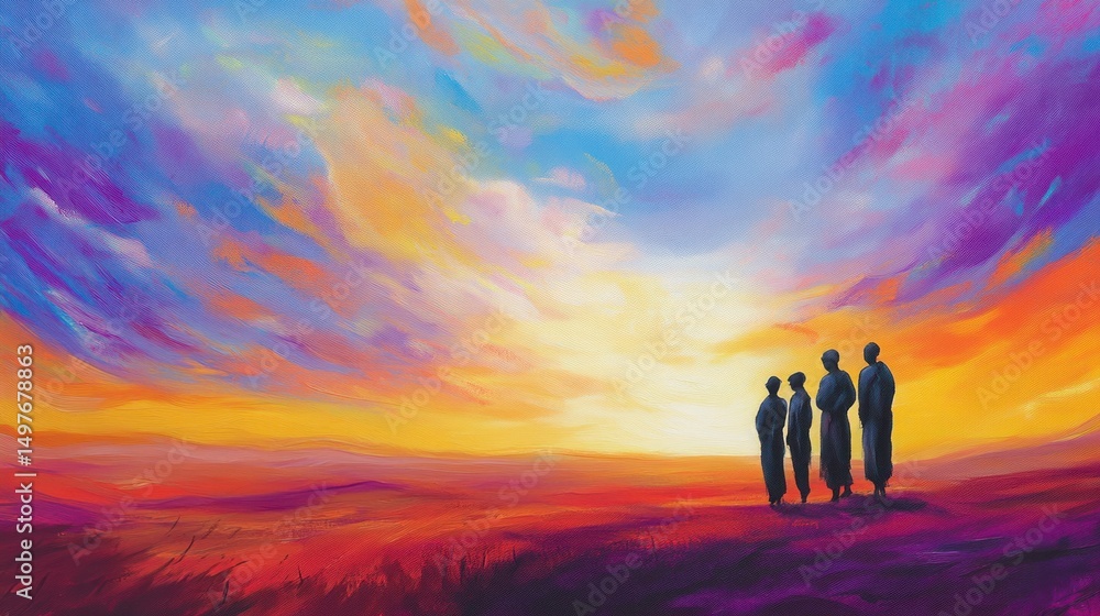 Silhouetted figures watch a vibrant sunset over a colorful landscape. Silhouetted figures watch a vibrant sunset over a colorful landscape.