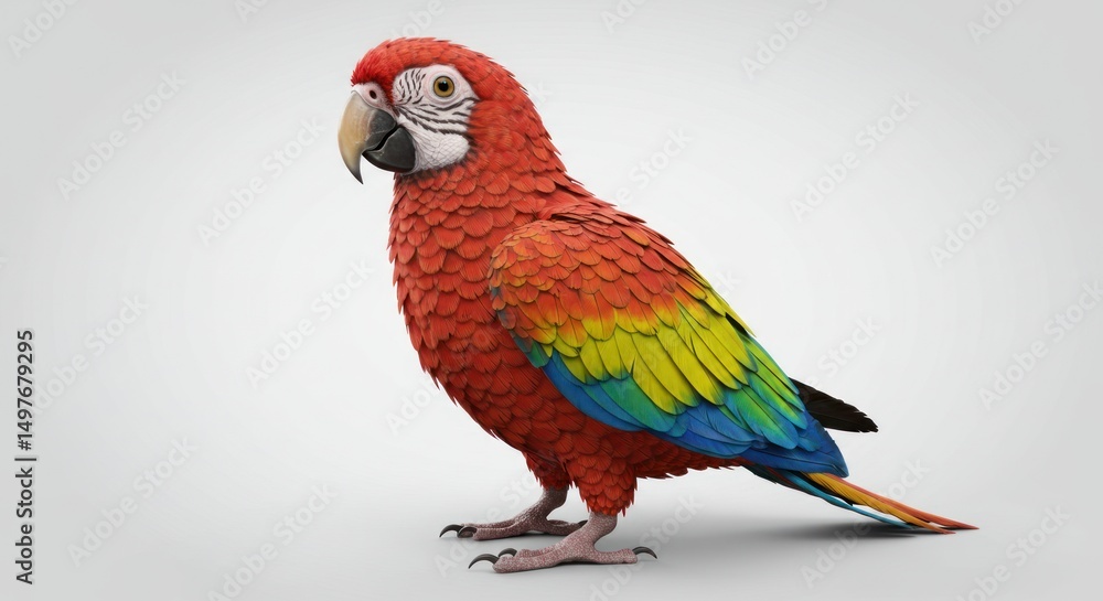 Fototapeta premium A colorful parrot stands against a white background with red yellow and blue feathers.
