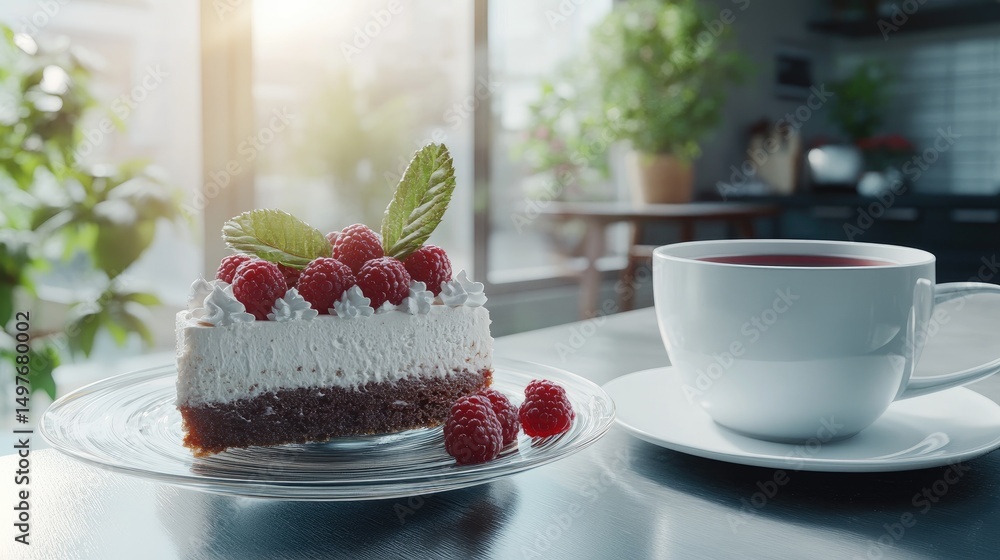 Elegant raspberry cheesecake served on a glass stand in a cozy cafe setting with tea and coffee Elegant raspberry cheesecake served on a glass stand in a cozy cafe setting with tea and coffee