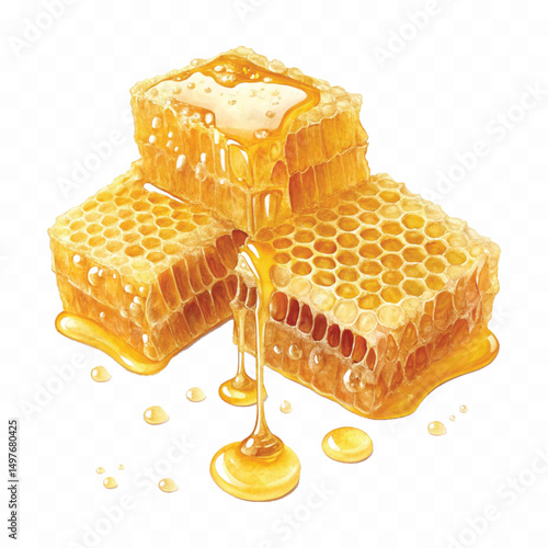 realistic smooth glossy honeycombs with liquid honey drops isolated on transparent background