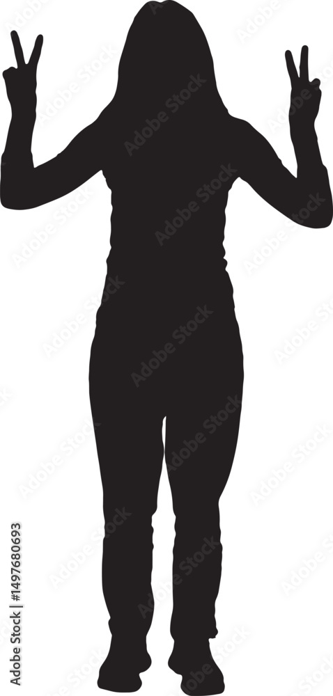 Fototapeta premium vector silhouette front view woman raising his arms making the victory sign