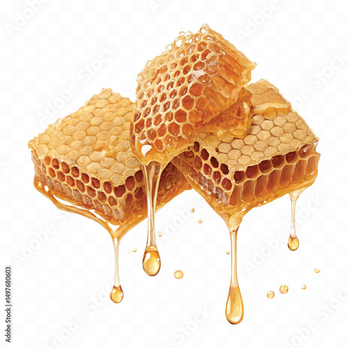 realistic smooth glossy honeycombs with liquid honey drops isolated on transparent background