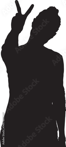 vector silhouette happy senior woman raising arm making the victory sign,
