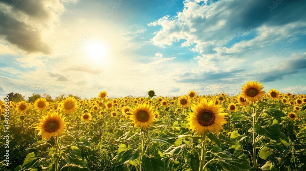 Obraz premium A vast field of sunflowers under a bright sun and cloudy blue sky.