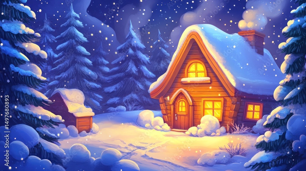 Fototapeta premium Cozy snow-covered cabin glowing warmly at night in a winter forest.