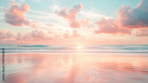 Pastel Sunset Seascape Ocean Reflection, Pink Clouds, Tranquil Beach, Wide Composition Seascape photography, beach photography