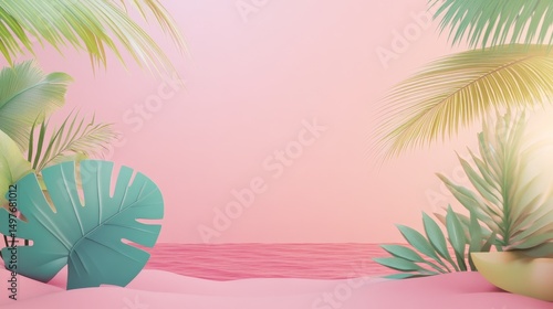 Pink Beach Minimalist Scene 3D Render, Tropical Leaves, Ocean, Pastel, Summer Keywords Summer, Pastel