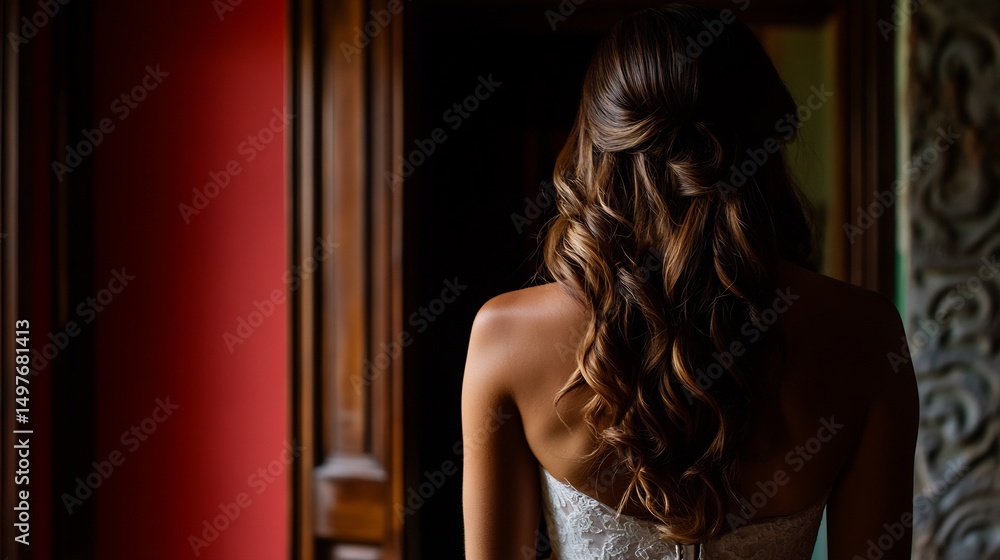 Fototapeta premium Elegant Bride's Back: A Moment of Serenity Before the Wedding