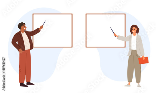 Young male or female teachers point with pointer at board. School education. Professors explain lesson. Instructor showing at blackboard. Lecturers presenting blank posters. Vector concept