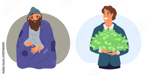 Rich businessman with lots of money in hand and poor beggar with coins on palm. Social inequality. Homeless man asking alms. Millionaire holding savings. Wealth or poverty. Vector concept