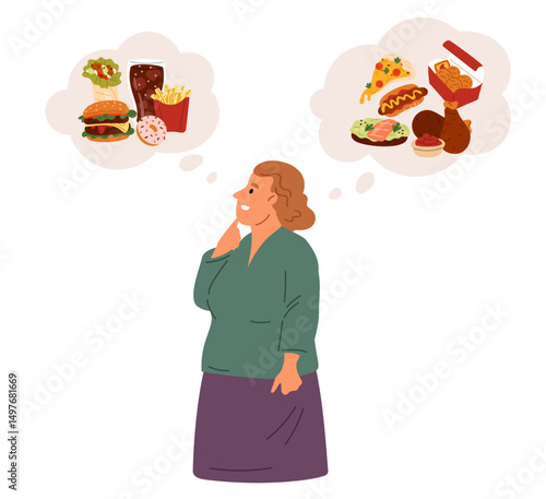 Obese woman reflects on junk food and fasfood. Unhealthy nutrition. Thoughtful female with obesity. Fat girl thinking about burger and pizza. Overweight hungry person. Vector concept