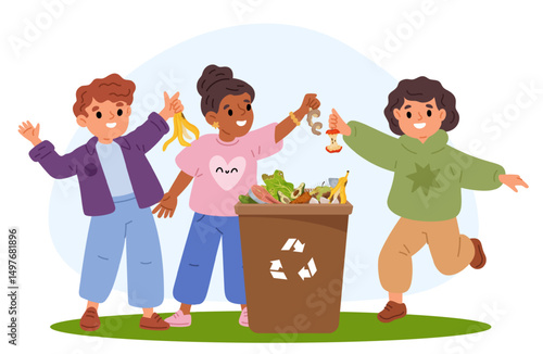 Little boys and girls throwing food waste in garbage can. People collecting organic rubbish. Teens putting trash peels into dustbin. Separate disposal. Pollution sorting. Vector concept
