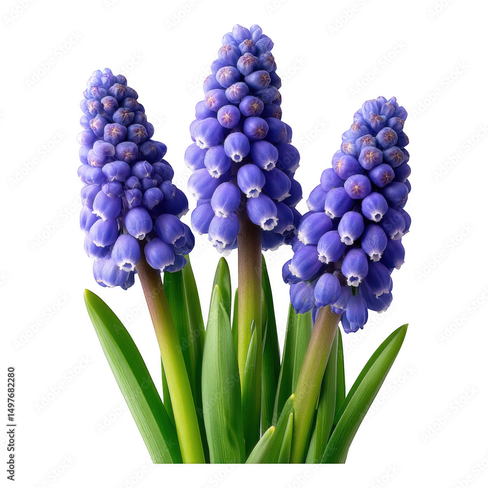 Fototapeta premium Charming close-up of grape hyacinths in early spring garden photography, isolated on transparent background