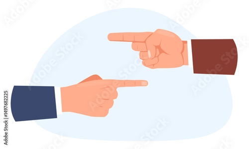 Hands with index fingers showing different direction. Contradiction in directional choice. Pointing forefinger gestures. Human debate and disagreement. Vector concept Opposite way choose.