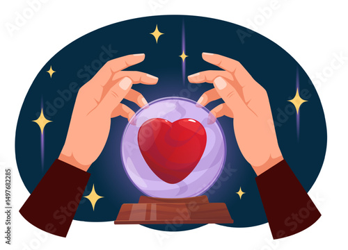 Hands conjure over magic ball with heart inside. Love magical ritual. Oracle sphere. Romance divination and fortunetelling. Soothsayer predicting future relationship. Vector concept