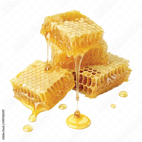 realistic smooth glossy honeycombs with liquid honey drops isolated on transparent background