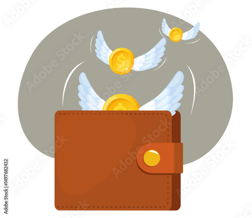 Gold coins with wings leave brown wallet. Money payment. Financial expenses. Economy inflation crisis. Debt paying. . Currency lost. Deposit decrease. Investment failure. Vector concept