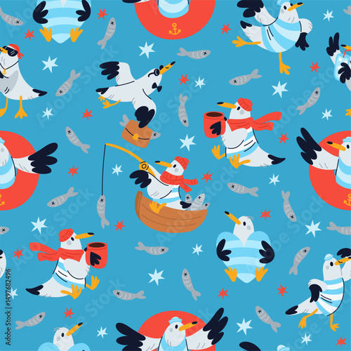 Fun cartoon seagulls seamless pattern. Seabird flying. Marine birdie with coffee cup. Fish on seawater. Happy water animal character with hat and scarf. Sailor costume. Vector background