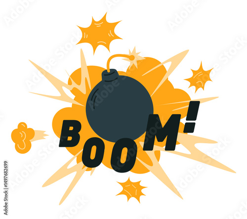 Explosion of black round bomb with flames or smoke. Dynamite detonator explosive blast. Wick fire sparkles. Mine detonation. Pyrotechnics boom. Vector comic pop art gunpowder burst effect