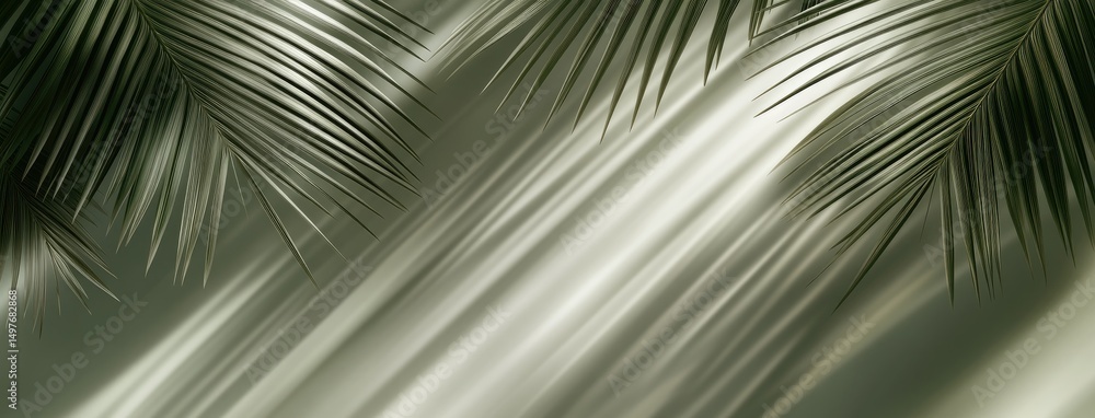 Fototapeta premium Soft shadow of palm leaf overlays a light green surface, evoking a tranquil summer feel perfect for creative design projects