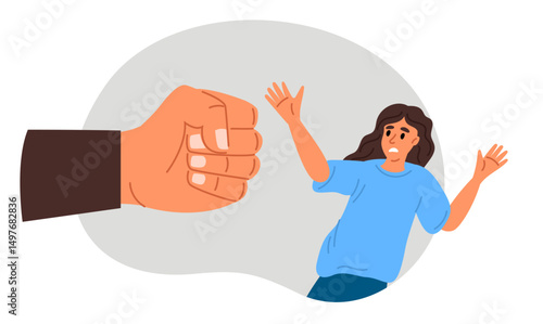 Domestic violence and abuse. Woman frightened by man fist. Family conflict. Assault or psychological bullying. Rapist hands. Overwhelming pressure. Suffer from aggression. Vector concept