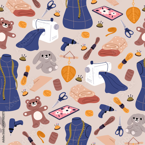 Craft and hobby tools seamless pattern. Sewing machine. Tailors needles and scissors. Fabric threads. Handmade soft toys. Needlework artisan. Embroidery workshop. Vector background
