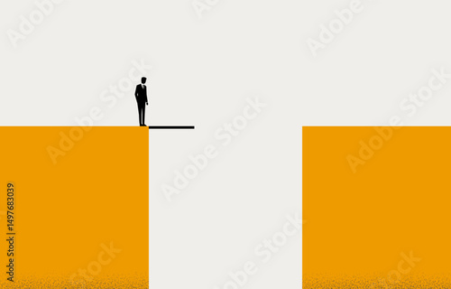 Businessman facing gap blocking his path, business challenge and risk concept, minimal business design.