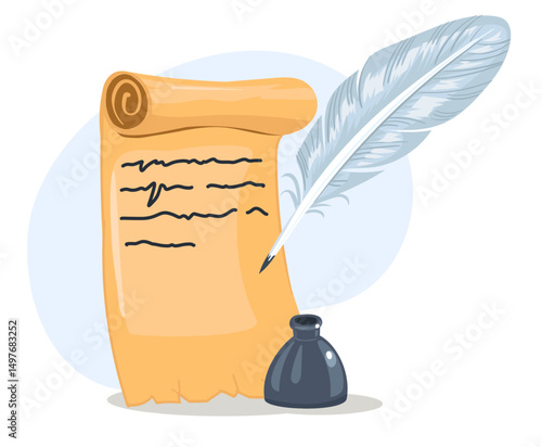 Ancient paper scroll with text and pen for writing letter in ink. Medieval parchment. Inkwell with feather quill. Old document. Historical message. Vintage roll sheet. Vector concept