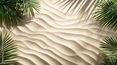 Tropical Beach Scene Wavy Sand Texture, Palm Leaves and Shadows, Summer Vacation, Beach Background summer, travel