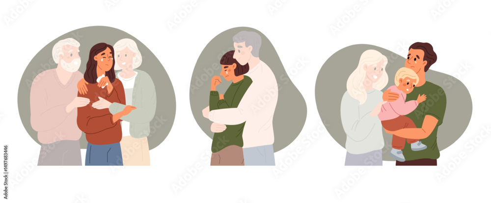Souls deceased family support relatives left orphaned by death. People experience grief and loss. Hugging ghost. Dead parent memory. Child and father embrace mother spirit. Vector concept Souls deceased family support relatives left orphaned by death. People experience grief and loss. Hugging ghost. Dead parent memory. Child and father embrace mother spirit. Vector concept