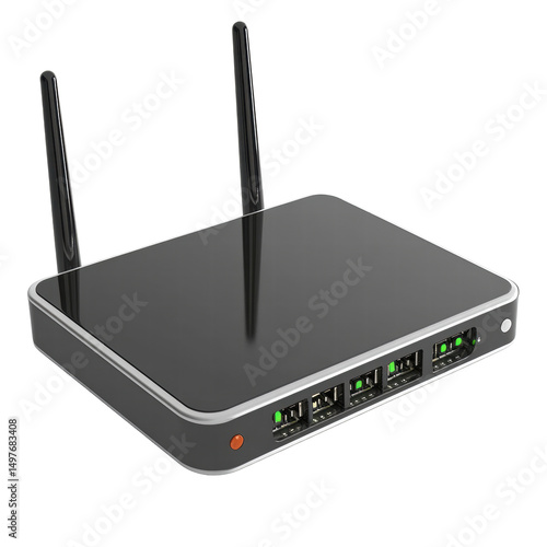 Isolated black router with green lights and front ports