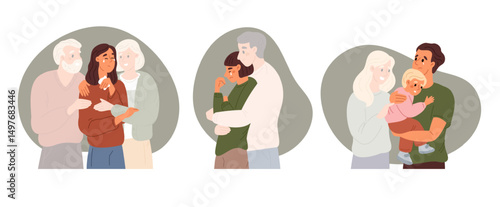 Souls deceased family support relatives left orphaned by death. People experience grief and loss. Hugging ghost. Dead parent memory. Child and father embrace mother spirit. Vector concept