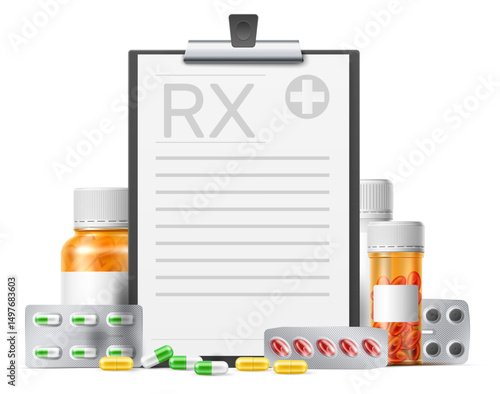 Realistic tablet with prescription. 3D medicine vial and medicament pills. RX document at clipboard. Pharmaceutical recipe. Meds blister. Drug bottle. Medical pharmacy vector concept