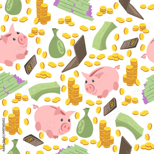 Piggy bank. Scattered gold coins and paper bills seamless pattern. Cash bag and moneybox. Billionaire wealth. Repeated print. Banking investment. Deposit savings. Vector background