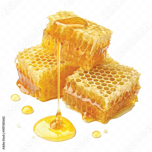 realistic smooth glossy honeycombs with liquid honey drops isolated on transparent background