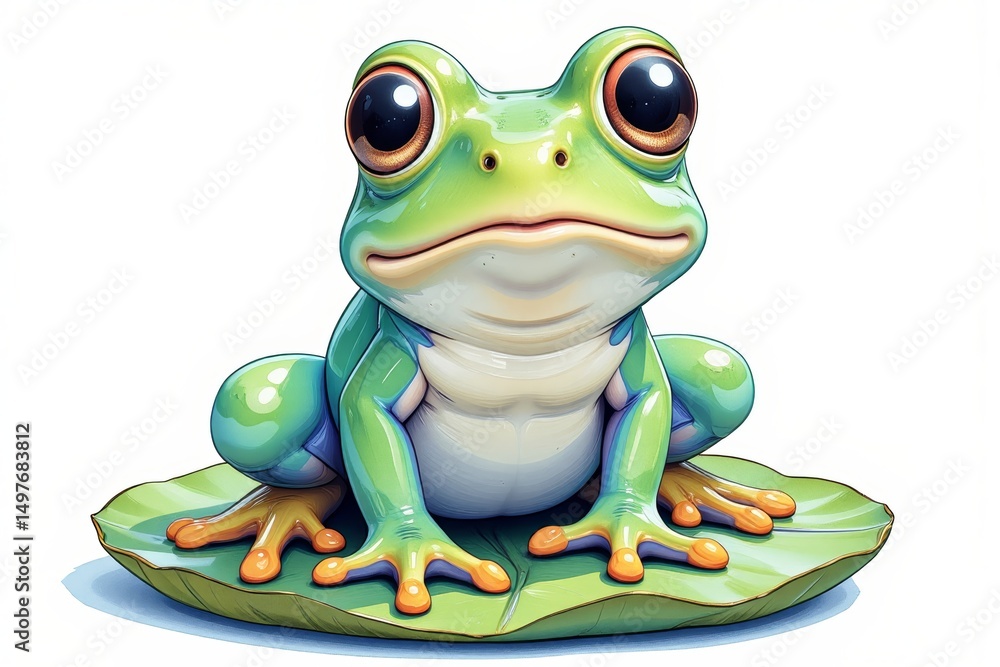 Obraz premium A vibrant green frog with large black eyes sits on a green lily pad, showcasing its white belly and orange feet. isolated on White Background