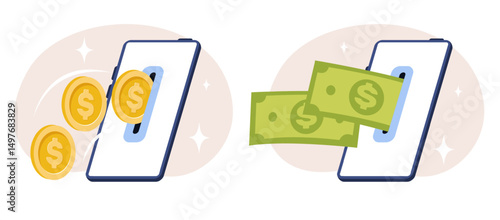 Online payment. Gold coins and cash bills fly into smartphone screen slot. Money transfer. Financial transaction. Mobile technology. Finance profit. Dollar banknotes. Vector concept