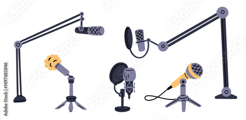 Microphones for conducting sound recordings or hosting podcasts. Multimedia mike for broadcast. Radio mic at holder. Live streaming interview. Media sound studio. Audio equipment vector set