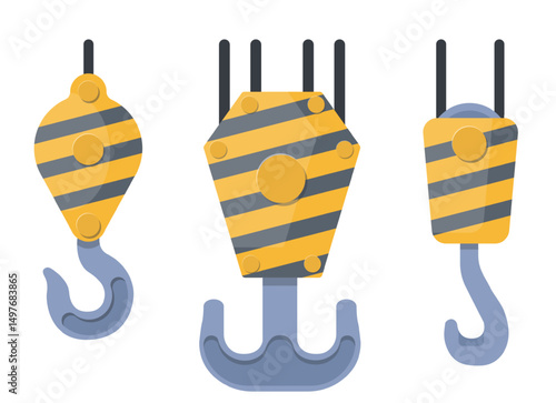 Hooks hoisting cranes different shapes and purposes. Lifting machinery. Construction site. Freight loading. Striped metal hanger. Industrial pulley cable. Vector building equipment set