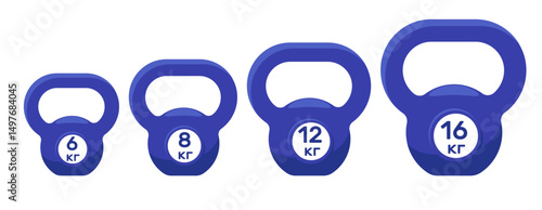 Gymnastic kettlebells with different weights. Powerlifting exercise. Bodybuilding workout. Fitness gym barbell. Strength athletic training. Heavy dumbbell mass. Sport equipment vector set
