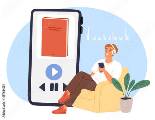Guy in headphones sitting in soft chair and listening to interesting audiobook. Online library application. Man with headset and smartphone. Phone screen. Smart studying. Vector concept